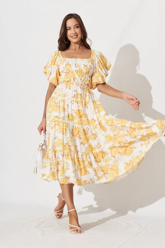 Charlotta Midi Dress In White With Orange Floral - St Frock (Dev)