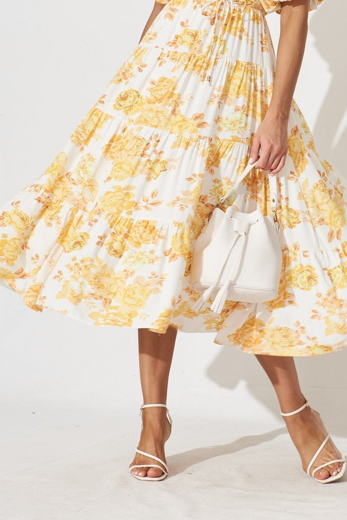 Charlotta Midi Dress In White With Orange Floral - St Frock (Dev)