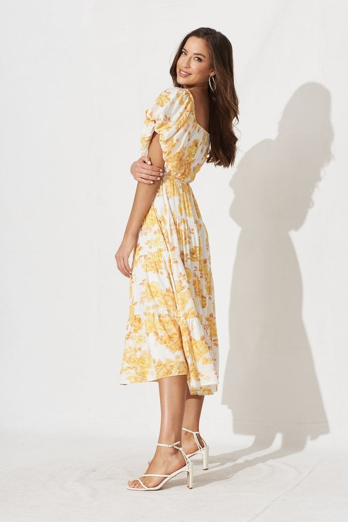 Charlotta Midi Dress In White With Orange Floral - St Frock (Dev)
