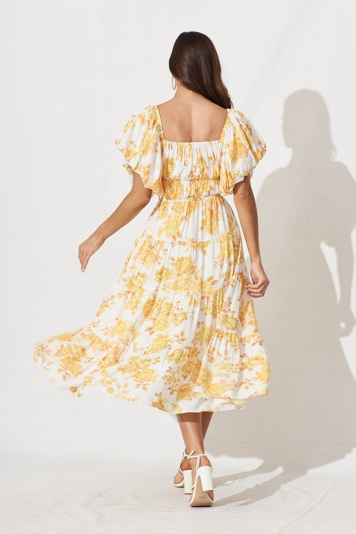 Charlotta Midi Dress In White With Orange Floral - St Frock (Dev)