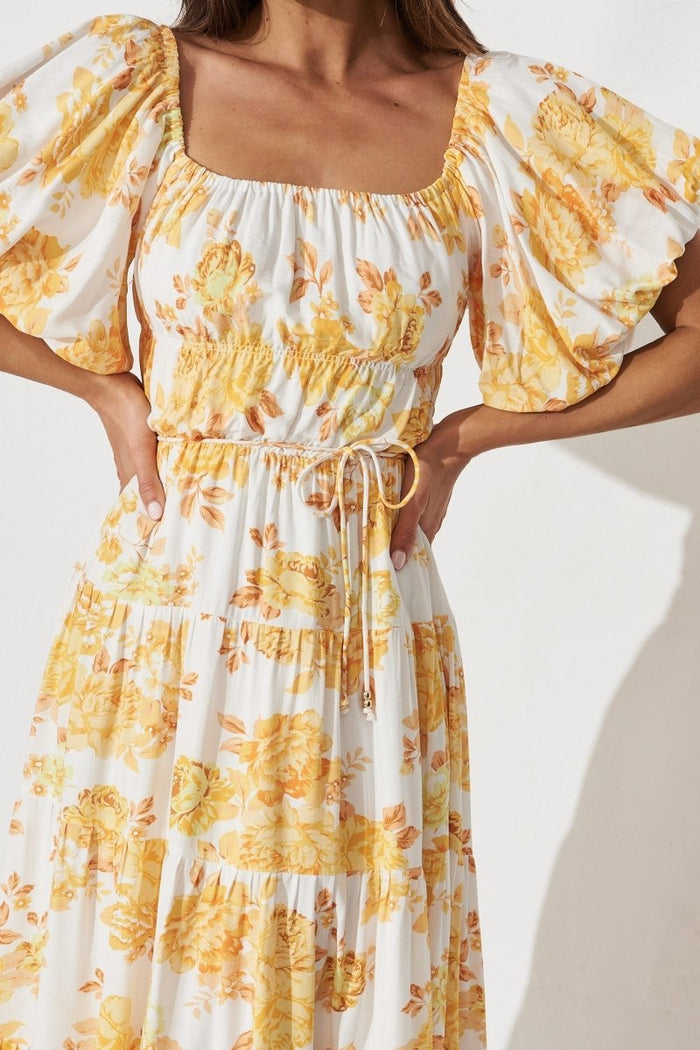 Charlotta Midi Dress In White With Orange Floral - St Frock (Dev)