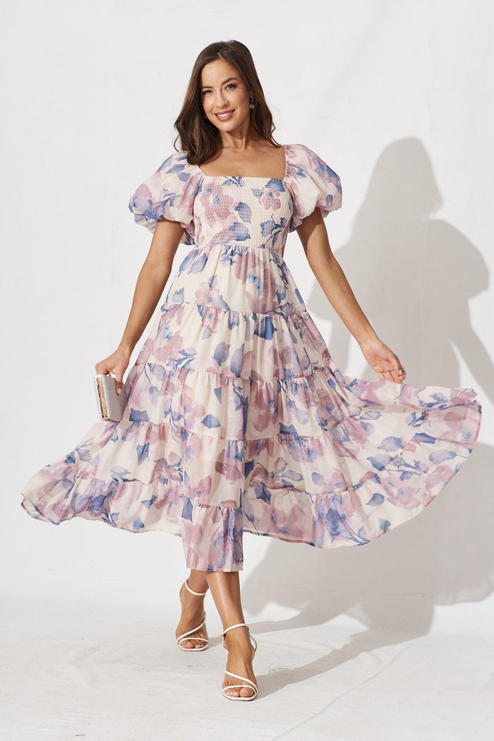 Laydee Midi Dress In Blush With Purple Floral