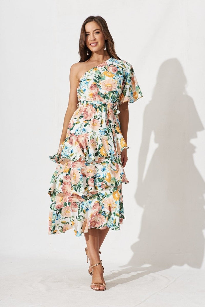Cherrie One Shoulder Midi Dress In White With Multi Floral - St Frock (Dev)