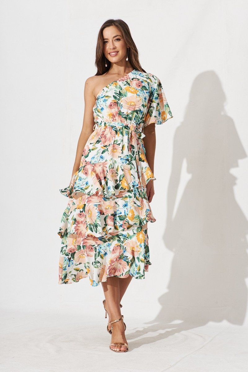 Cherrie One Shoulder Midi Dress In White With Multi Floral - St Frock (Dev)