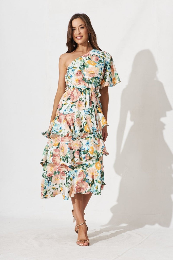 Cherrie One Shoulder Midi Dress In White With Multi Floral - St Frock (Dev)