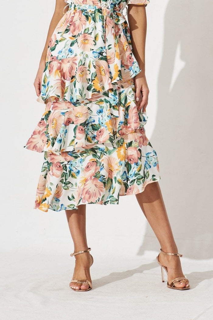 Cherrie One Shoulder Midi Dress In White With Multi Floral - St Frock (Dev)