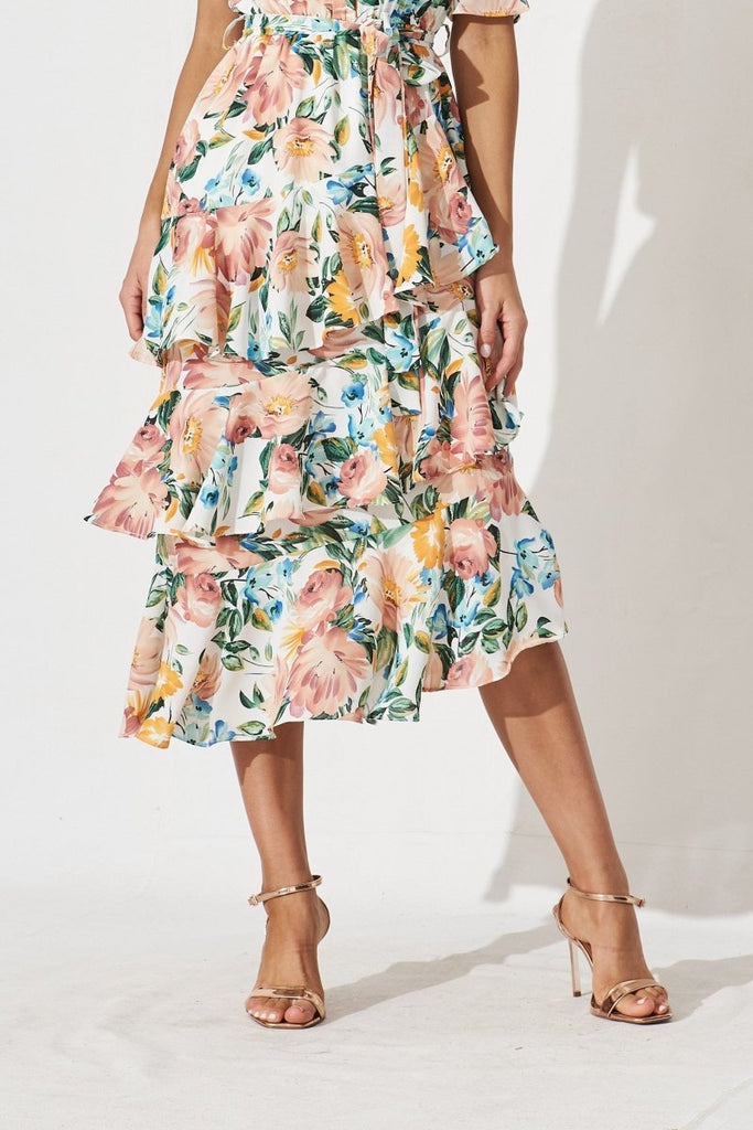 Cherrie One Shoulder Midi Dress In White With Multi Floral - St Frock (Dev)