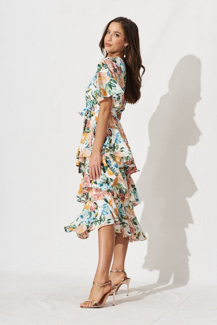 Cherrie One Shoulder Midi Dress In White With Multi Floral - St Frock (Dev)