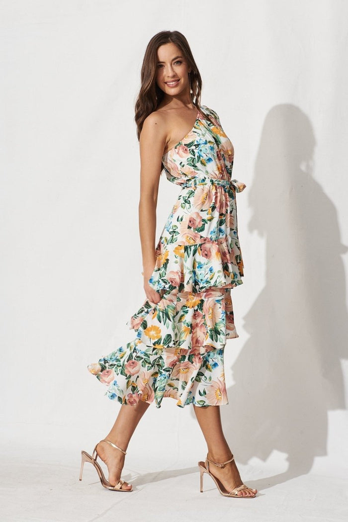 Cherrie One Shoulder Midi Dress In White With Multi Floral - St Frock (Dev)