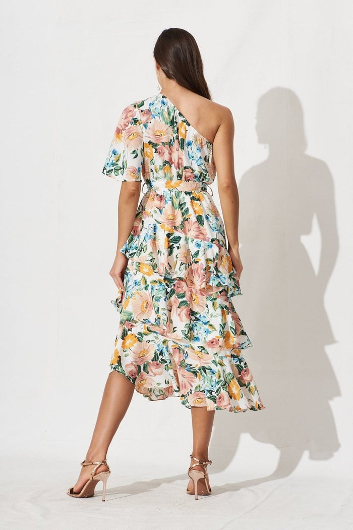 Cherrie One Shoulder Midi Dress In White With Multi Floral - St Frock (Dev)