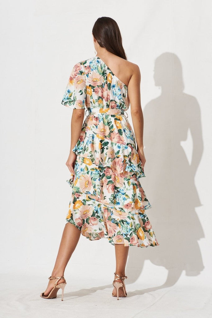 Cherrie One Shoulder Midi Dress In White With Multi Floral - St Frock (Dev)