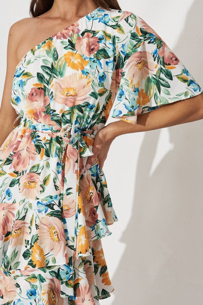 Cherrie One Shoulder Midi Dress In White With Multi Floral - St Frock (Dev)
