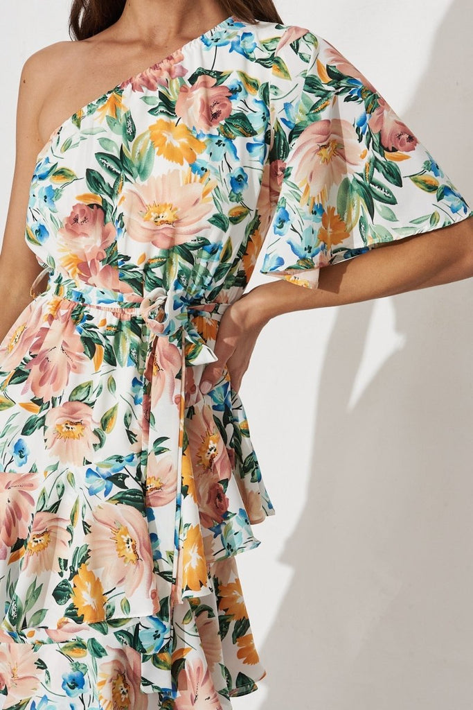 Cherrie One Shoulder Midi Dress In White With Multi Floral - St Frock (Dev)
