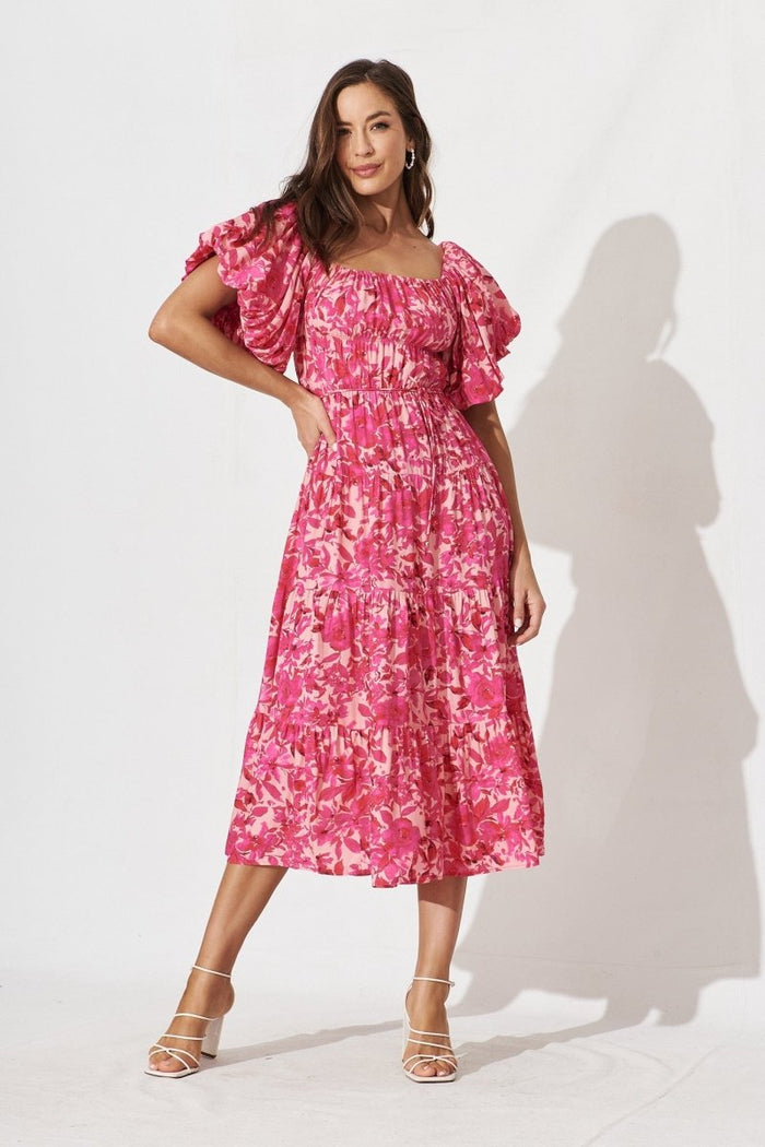 Charlotta Midi Dress In Pink With Purple Floral - St Frock (Dev)