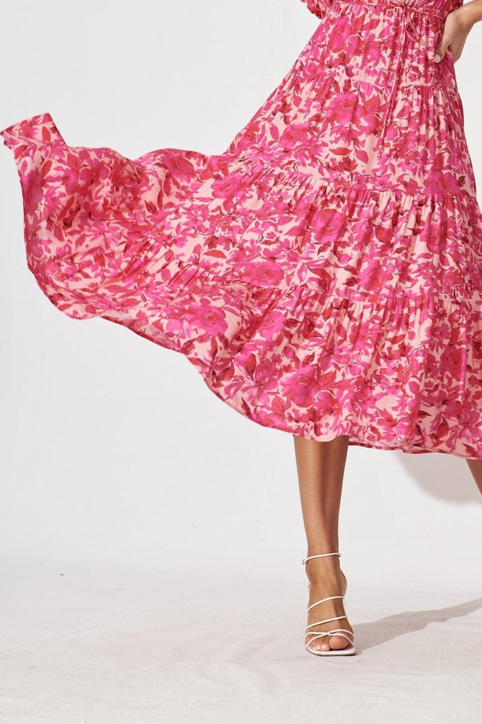 Charlotta Midi Dress In Pink With Purple Floral - St Frock (Dev)