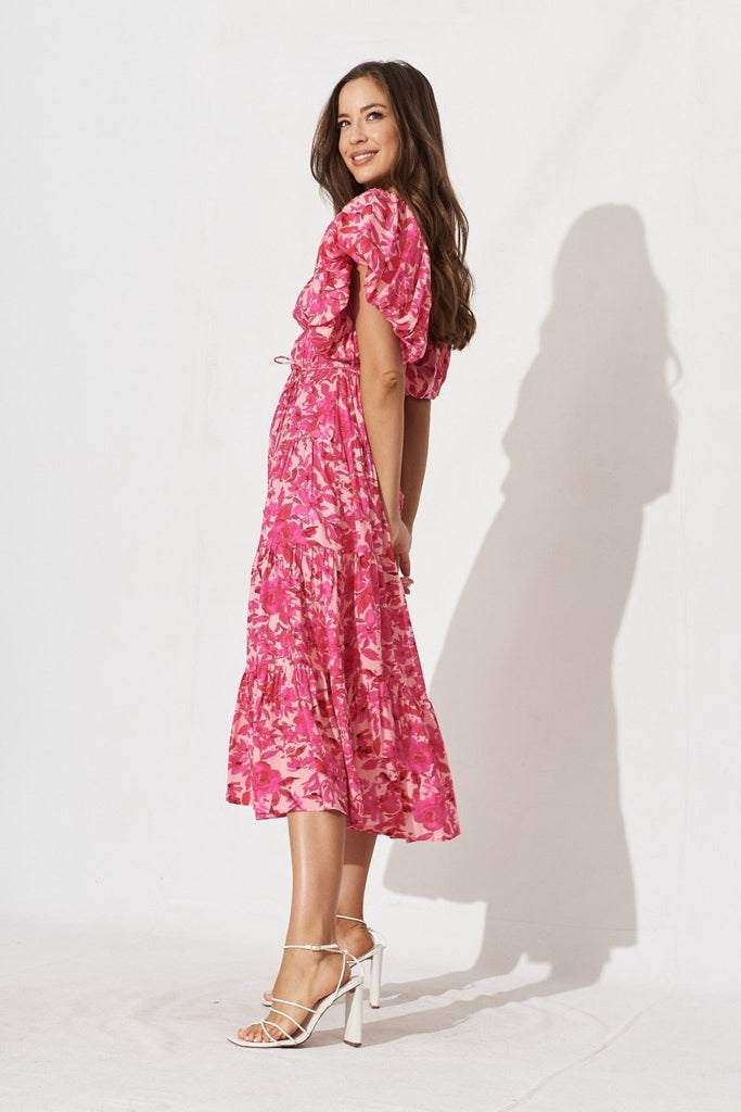 Charlotta Midi Dress In Pink With Purple Floral - St Frock (Dev)