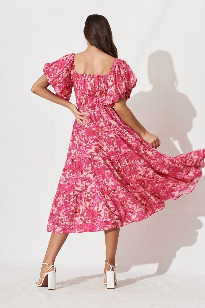 Charlotta Midi Dress In Pink With Purple Floral - St Frock (Dev)