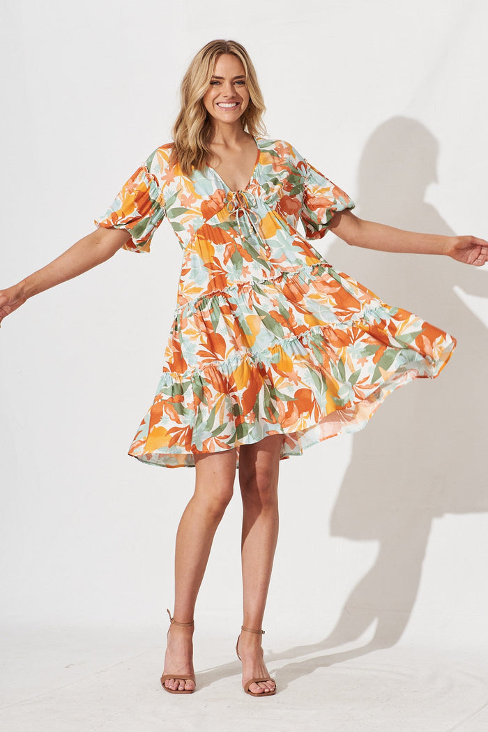 Deleya Dress In White With Orange Leaf Print - full length