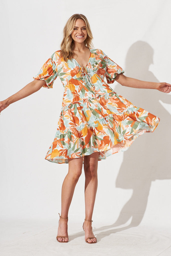 Deleya Dress In White With Orange Leaf Print - full length