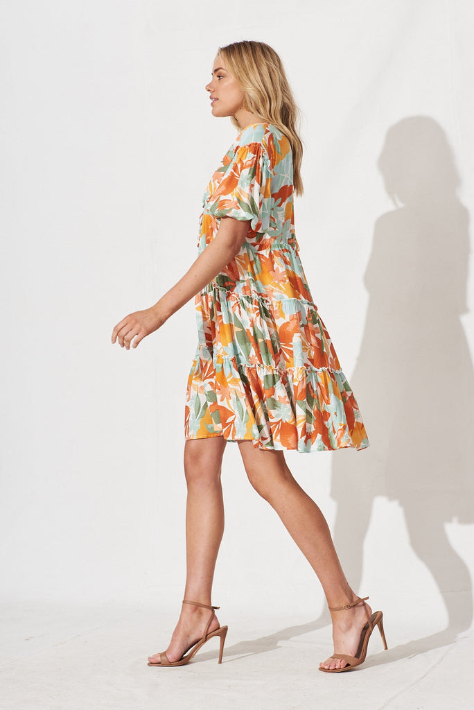 Deleya Dress In White With Orange Leaf Print - side