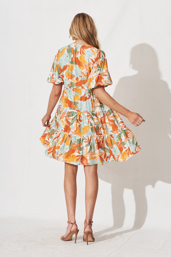Deleya Dress In White With Orange Leaf Print - back