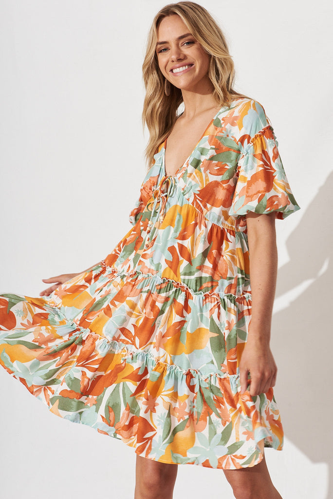 Deleya Dress In White With Orange Leaf Print - front
