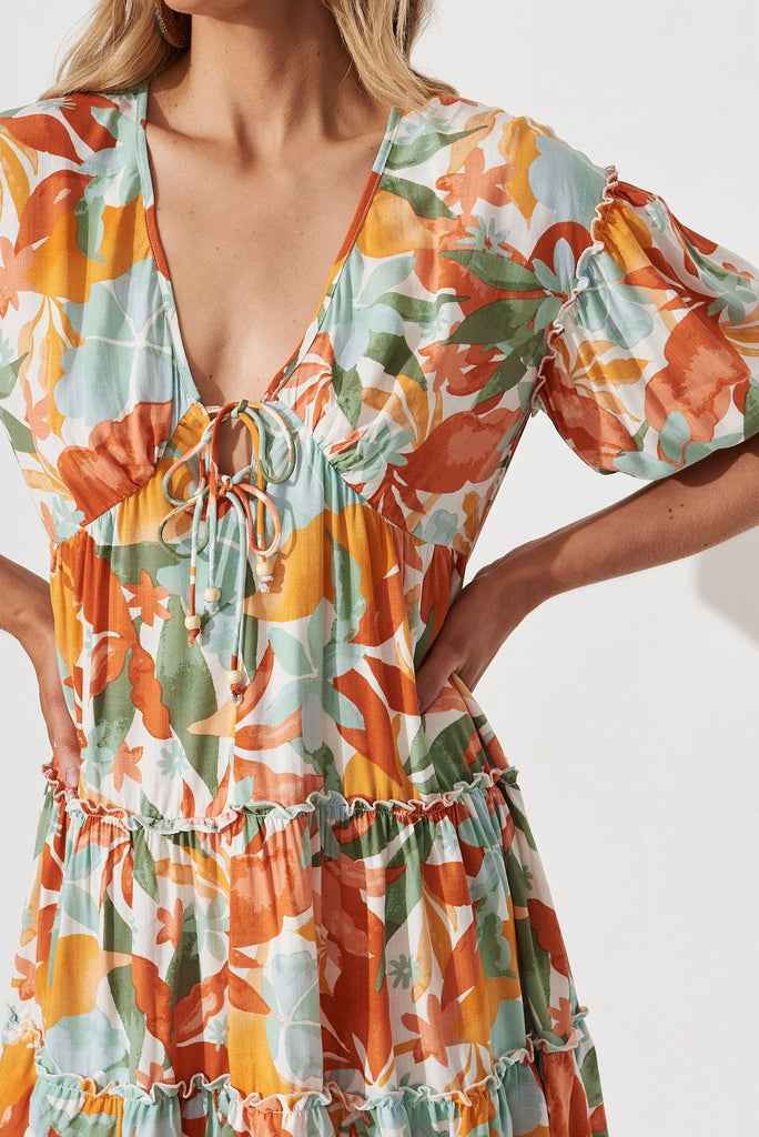 Deleya Dress In White With Orange Leaf Print - detail