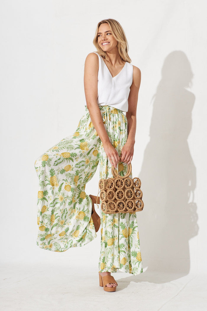Mariah Pants In White With Yellow Pineapple Print - full length