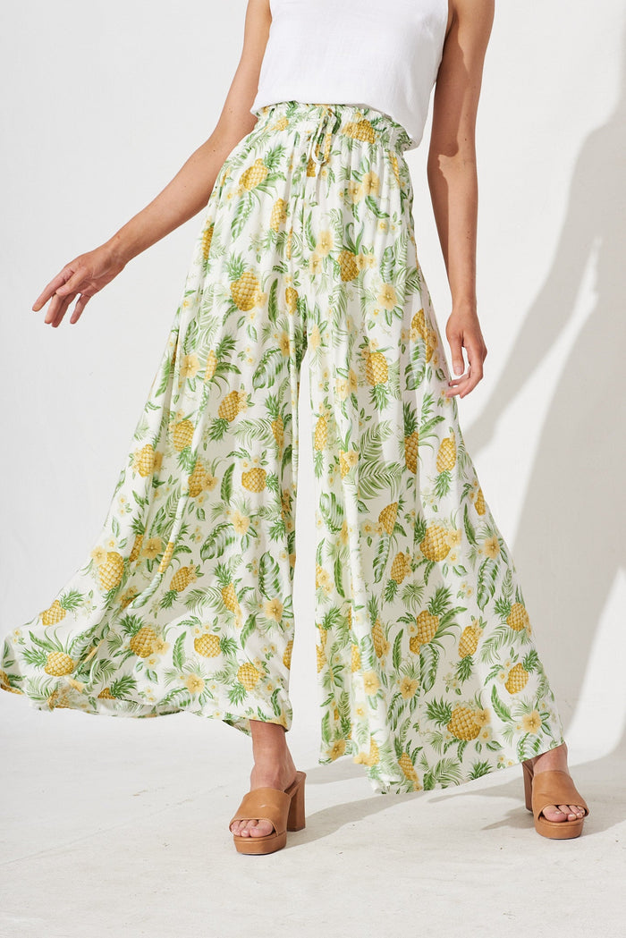 Mariah Pants In White With Yellow Pineapple Print - front