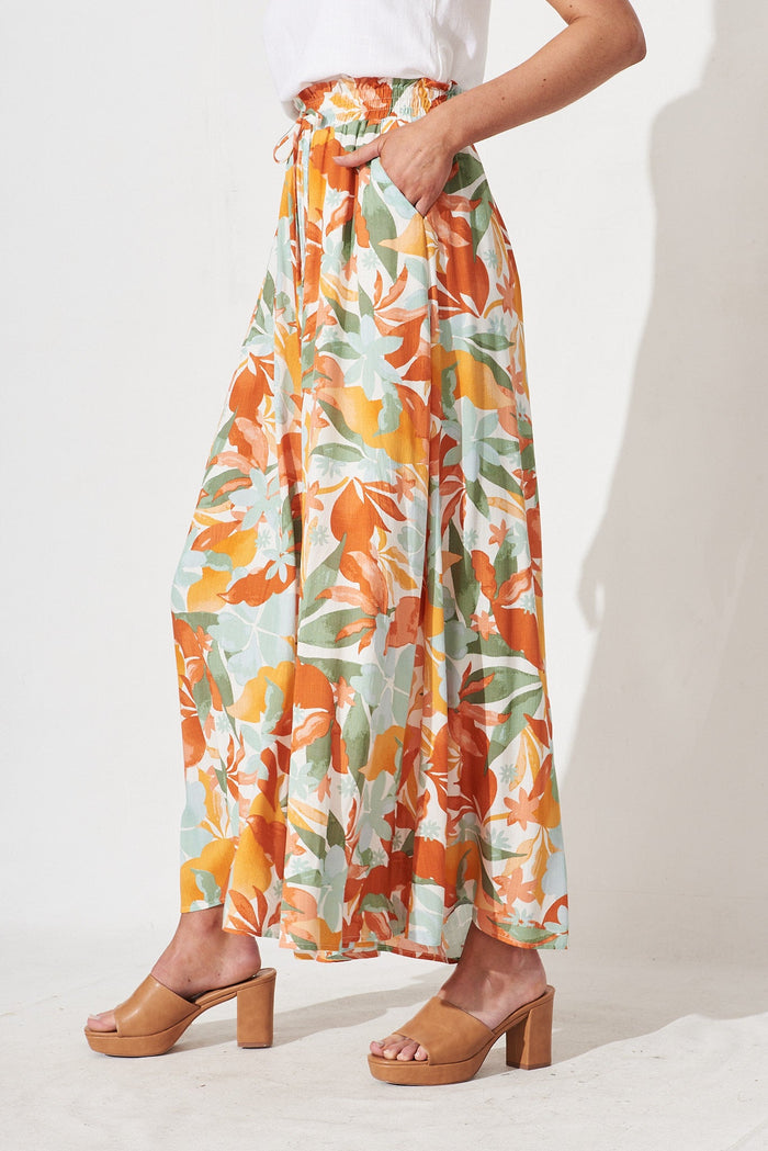 Mariah Pants In White With Orange Leaf Print - side