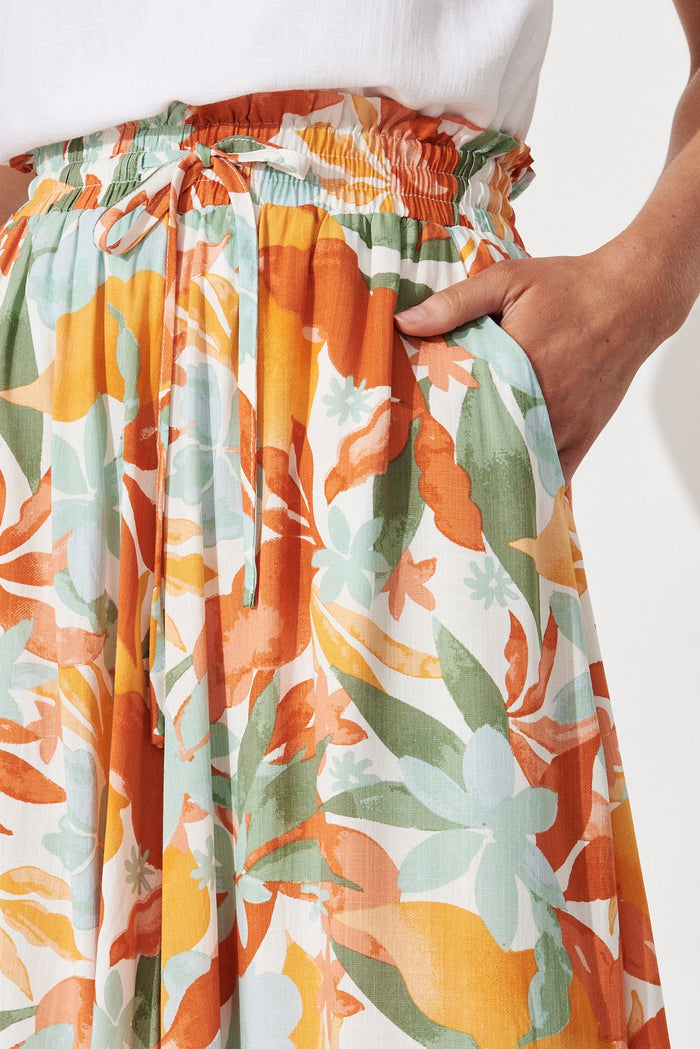 Mariah Pants In White With Orange Leaf Print - detail
