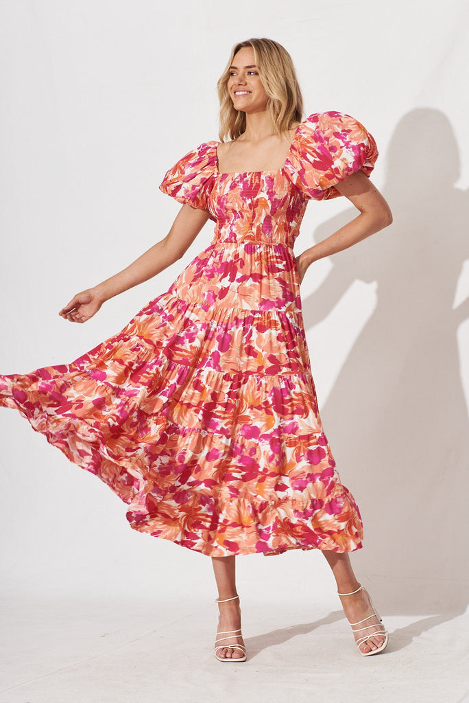 Laydee Midi Dress In Pink And Orange Floral - full length