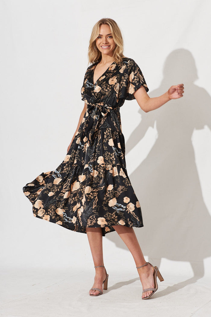 Jasmine Maxi Dress In Black With Gold Animal Floral - full length