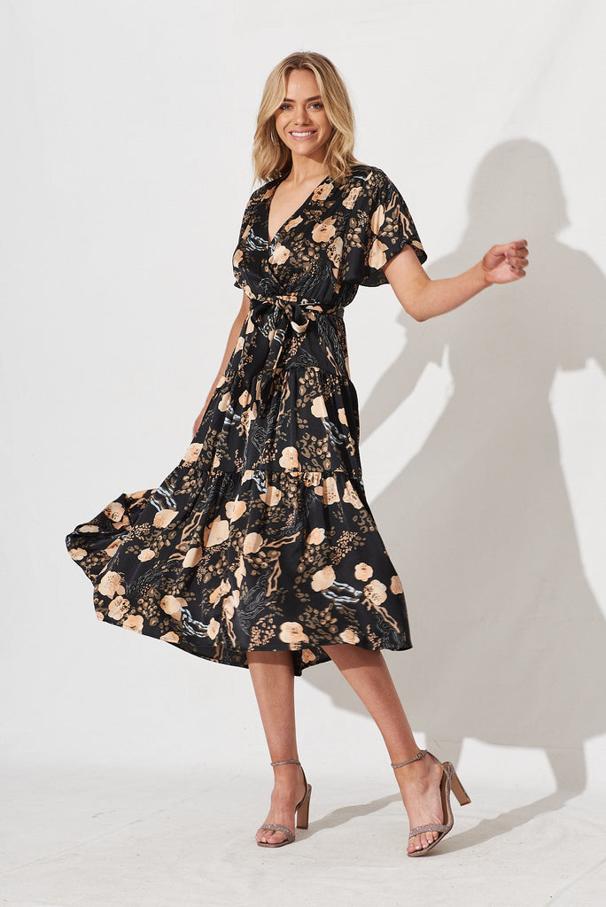 Jasmine Maxi Dress In Black With Gold Animal Floral - full length