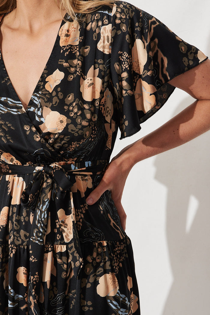 Jasmine Maxi Dress In Black With Gold Animal Floral - detail