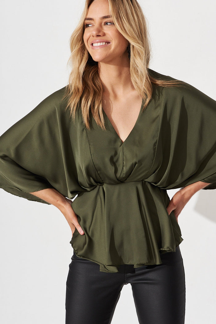 Hillary Top In Olive Satin - detail