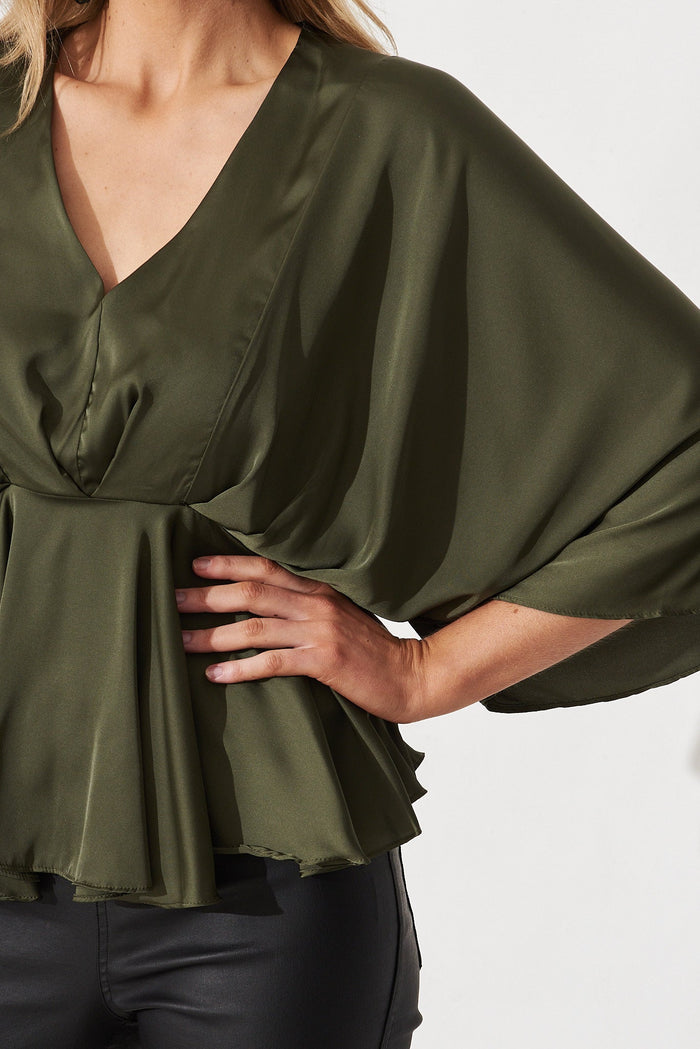 Hillary Top In Olive Satin - detail