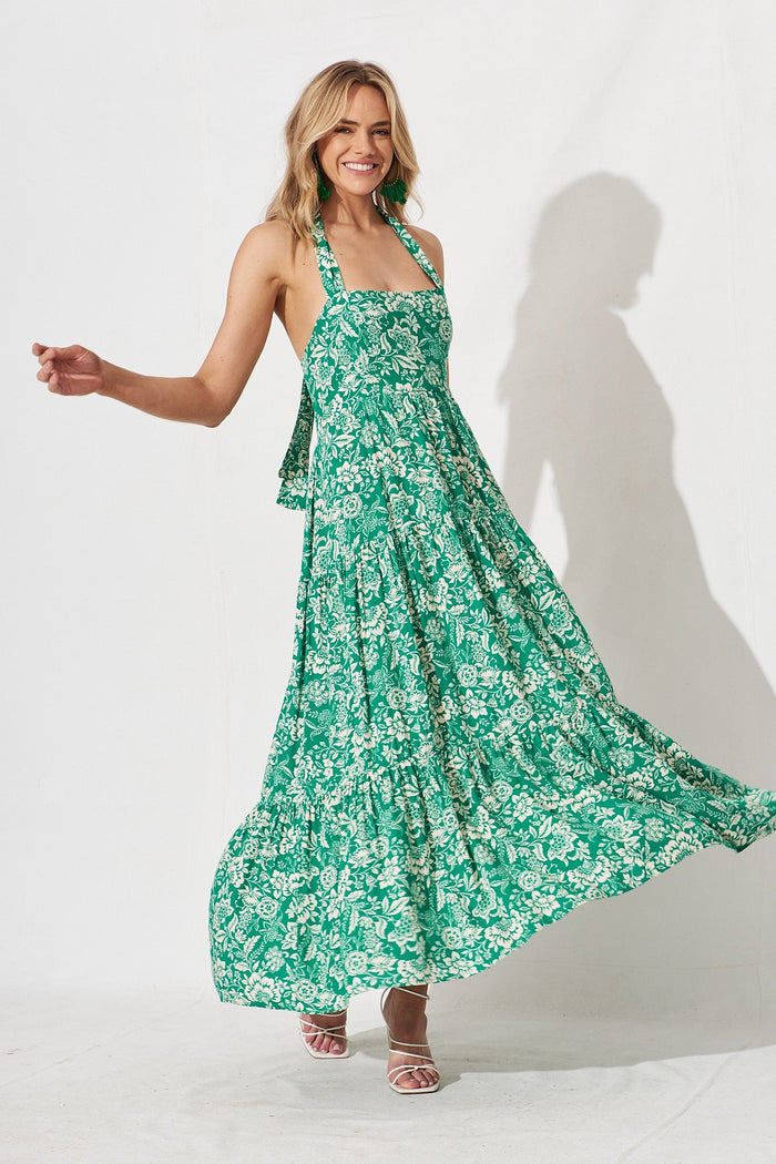 Izabel Maxi Sun Dress In Green With Cream Floral - full length