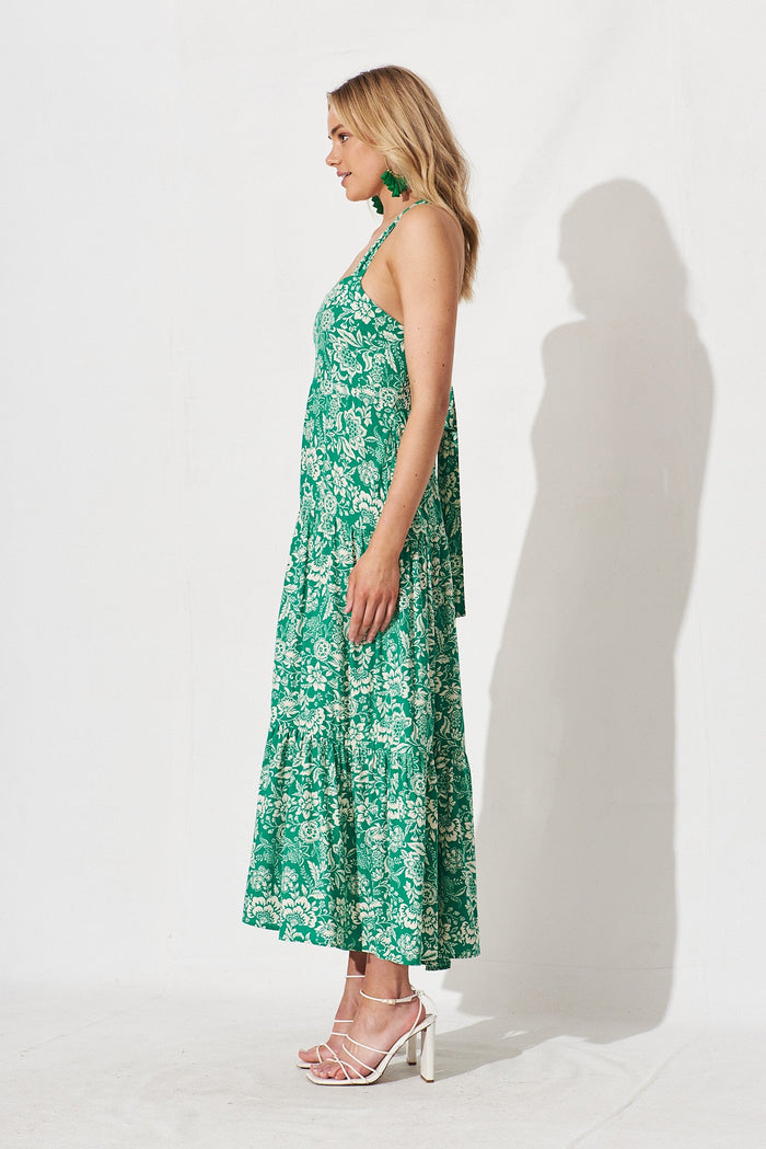 Izabel Maxi Sun Dress In Green With Cream Floral - side