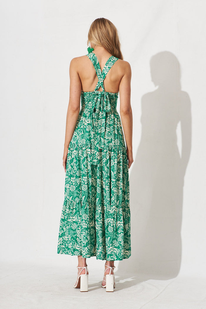 Izabel Maxi Sun Dress In Green With Cream Floral - back