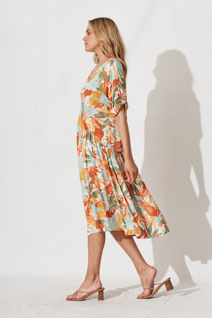 Denona Midi Dress In White With Orange Leaf Print - side