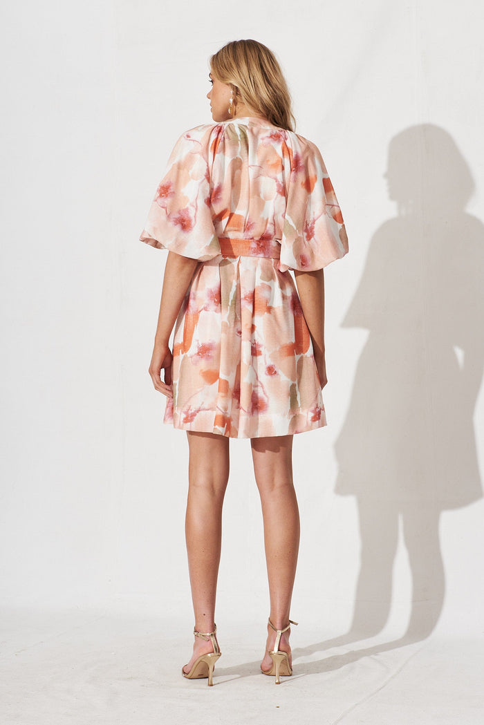 Teagan Dress In White With Apricot Multi Print Linen Blend - back