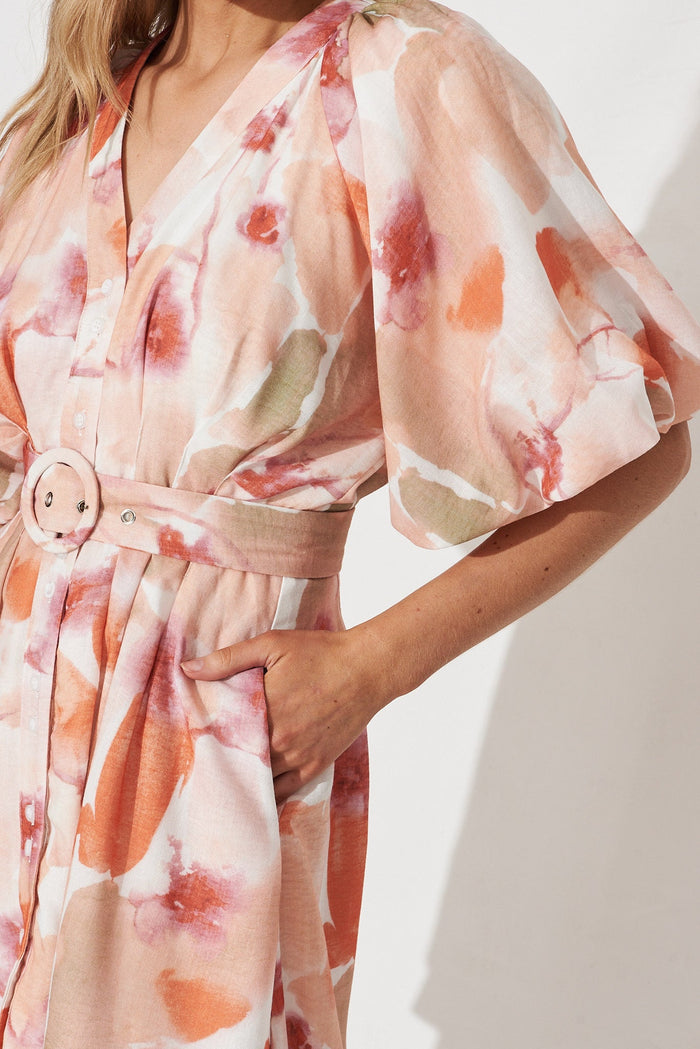 Teagan Dress In White With Apricot Multi Print Linen Blend - detail