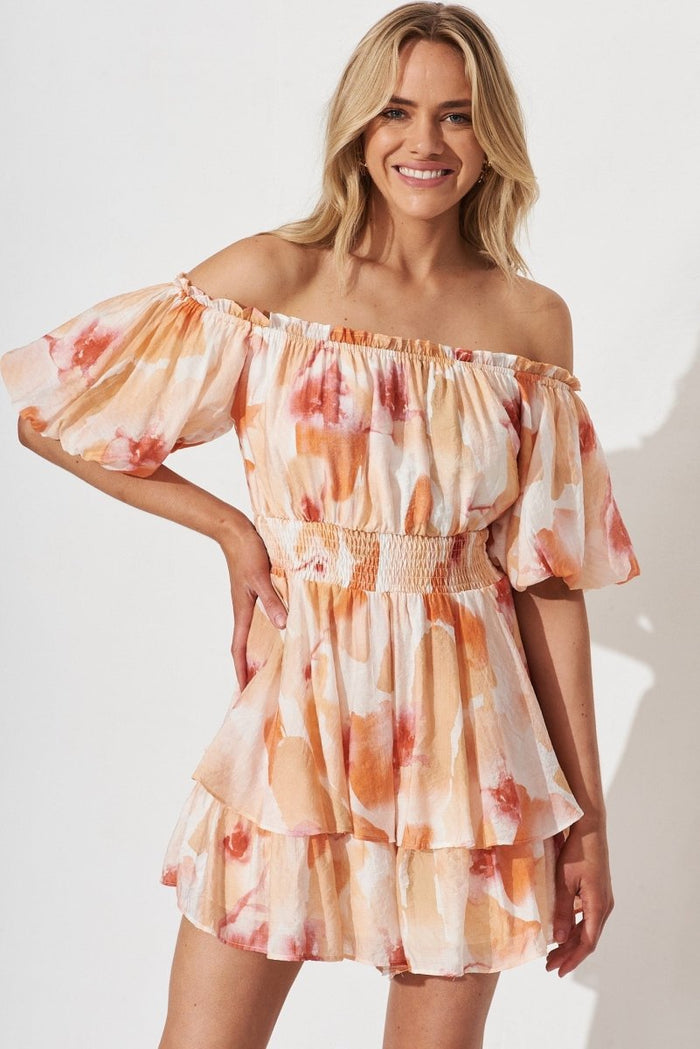 Bruny Playsuit In White With Orange Multi - St Frock (Dev)