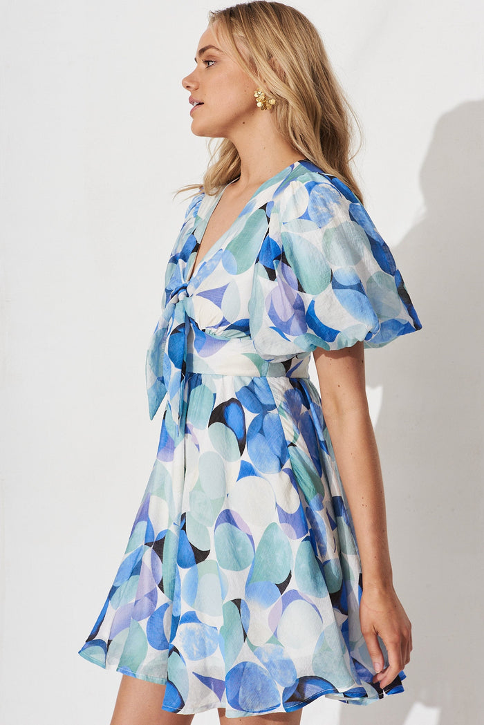 Dancee Dress In White With Blue Multi - side