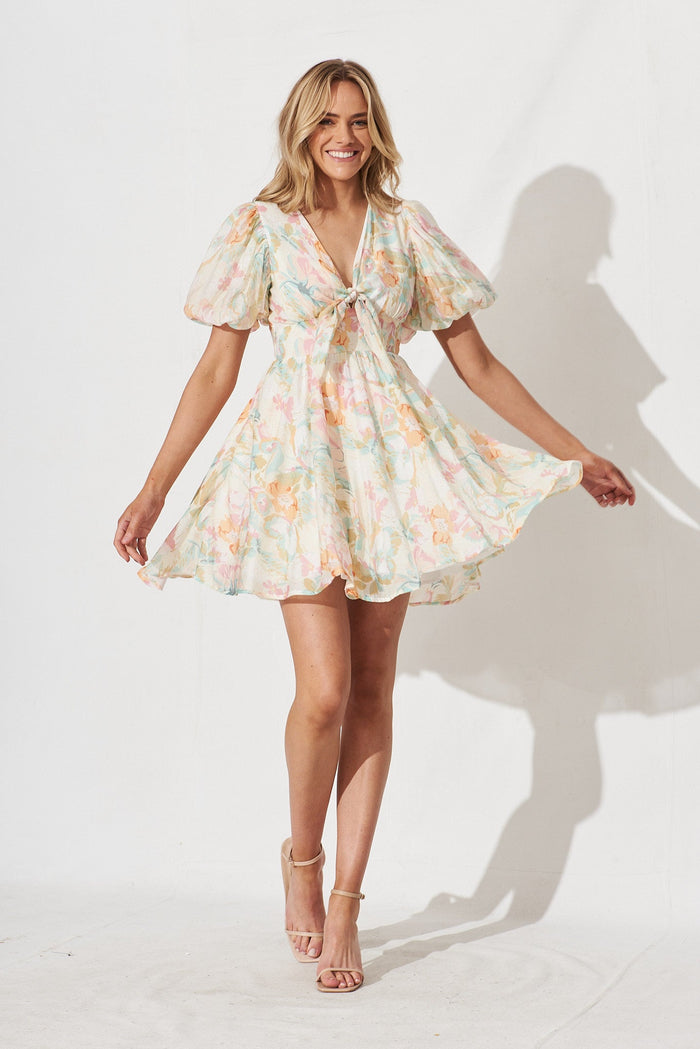Dancee Dress In White With Pastel Multi - full length