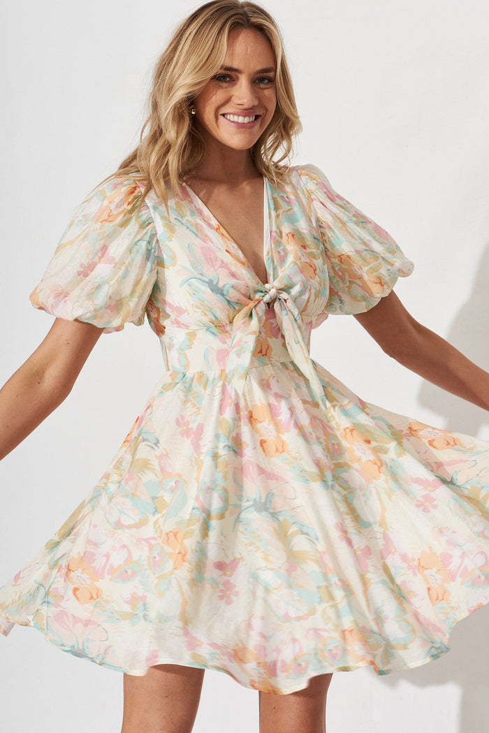 Dancee Dress In White With Pastel Multi - front