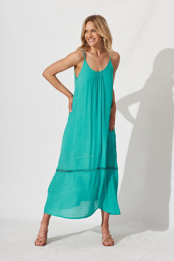 Lost Paradise Maxi Dress In Aqua Swiss Dot - full length