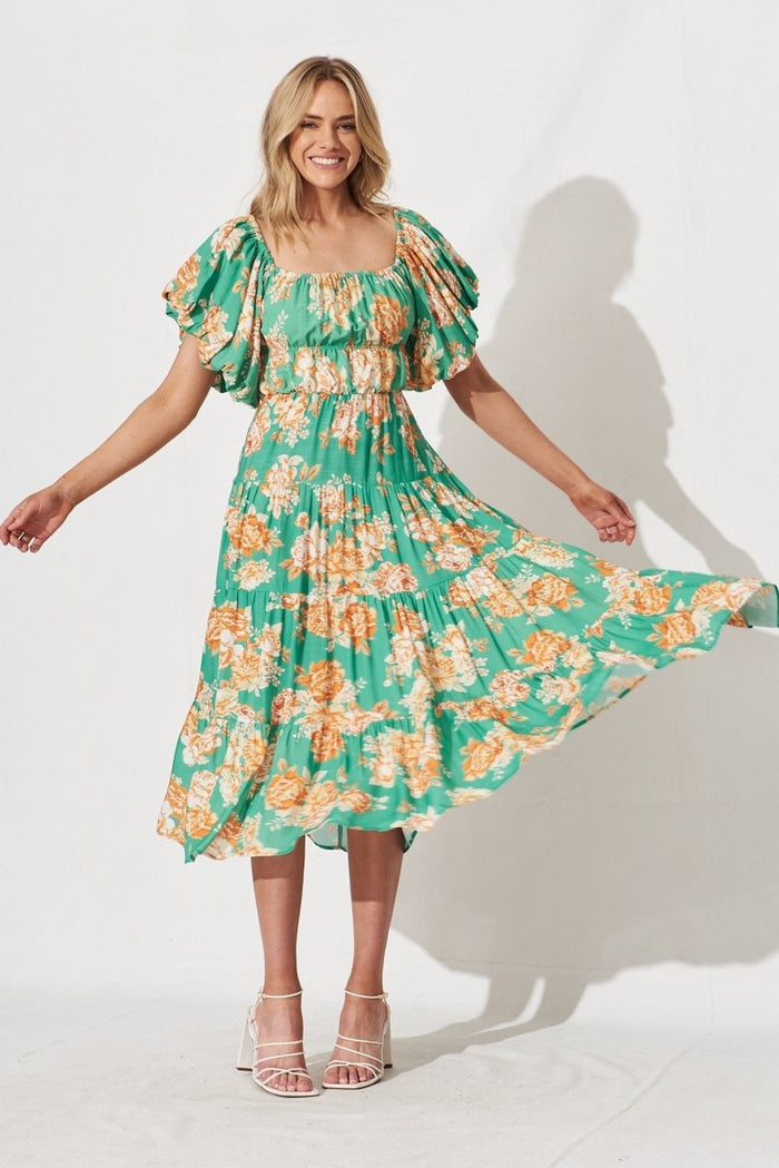 Charlotta Midi Dress In Green With Orange Floral - St Frock (Dev)