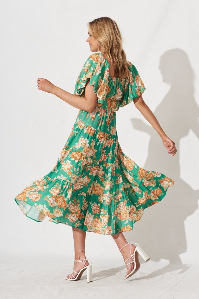 Charlotta Midi Dress In Green With Orange Floral - St Frock (Dev)